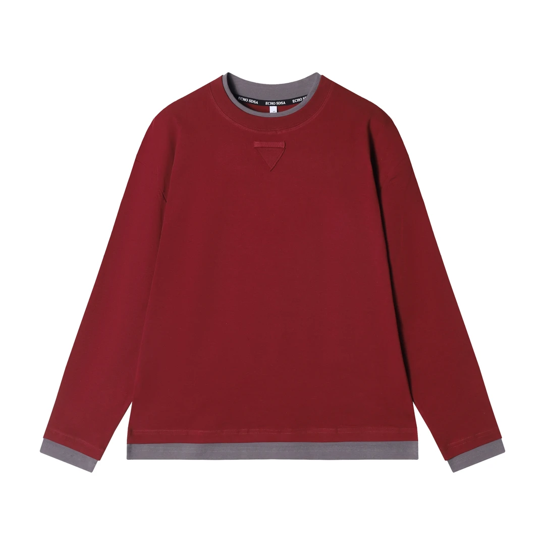 T1893秋季新款时尚个性纯色倒三角圆领套头假两件长袖T恤休闲百搭