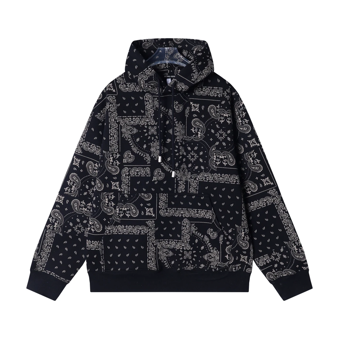 秋冬季新款时尚个性街头复古腰果花满印连帽卫衣情侣宽松潮流上衣