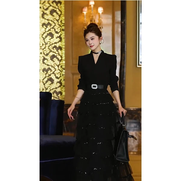 欧货新款法式长袖收腰显瘦蛋糕连衣裙时尚气质轻奢职业女裙套装