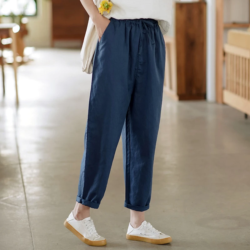 新中式女装2024新款休闲裤女夏季高腰萝卜裤纯色显瘦亚麻裤子女