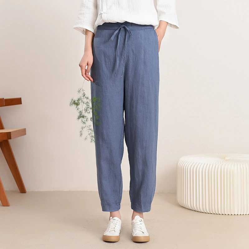棉麻新中式女装2024夏季新款亚麻休闲裤女复古纯色百搭显瘦小脚裤