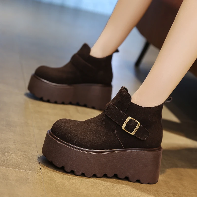 松糕厚底勃肯鞋女靴2024新款冬季百搭增高高跟短靴复古高帮马丁靴