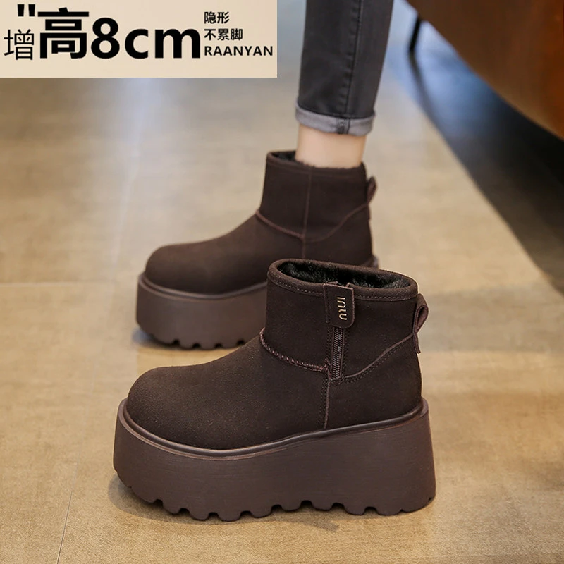 8cm小个子松糕底磨砂皮时尚雪地靴女2025年冬季新款大棉短靴