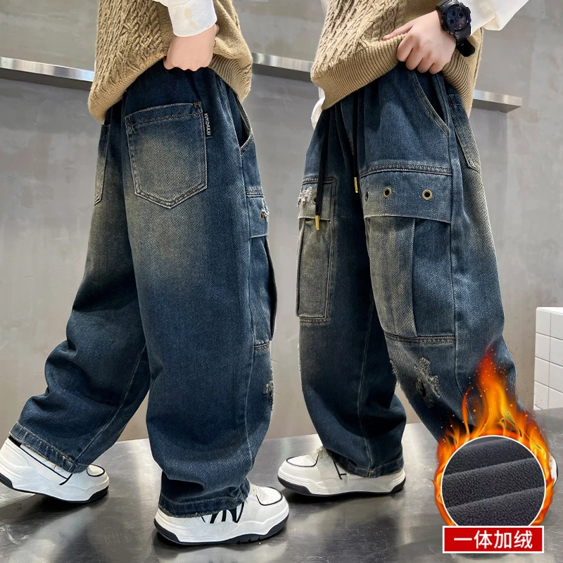 男童加绒裤子秋冬款2025新款大儿童冬季一体绒牛仔裤加厚过冬棉裤