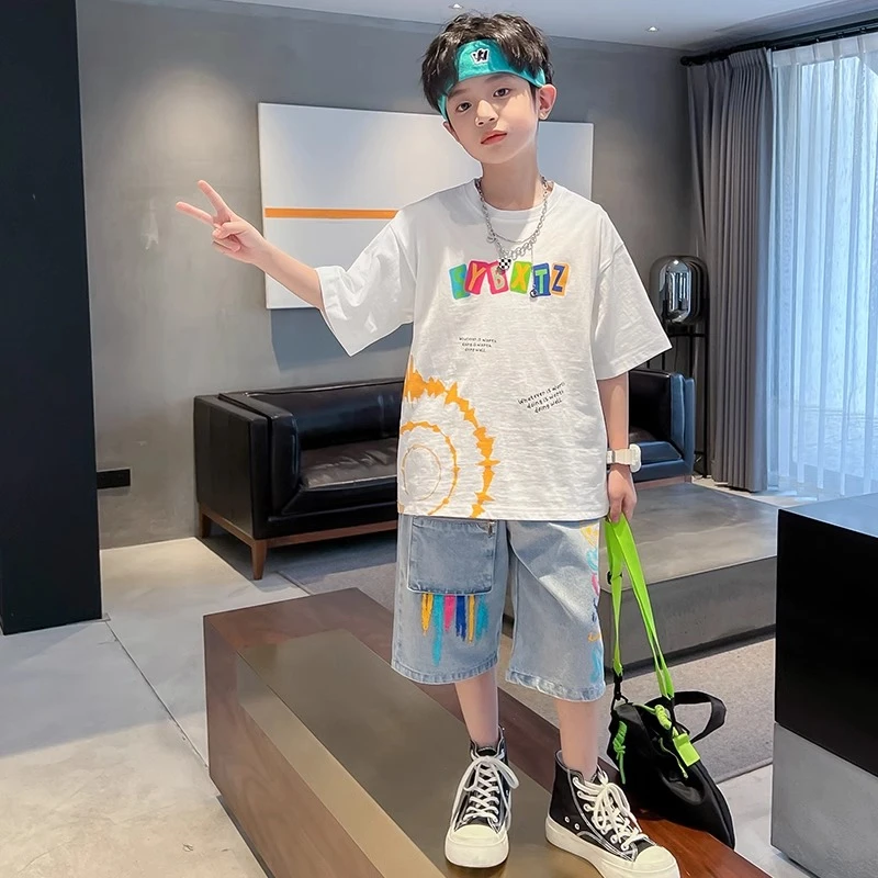 儿童男童夏装套装宽松2025新款中大童男孩衣服夏季短袖薄款T恤潮