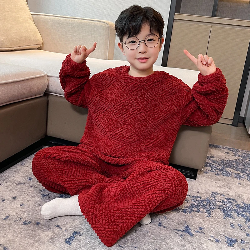 儿童装男童冬装珊瑚绒睡衣秋冬款青少年加厚冬季男孩法兰绒家居服
