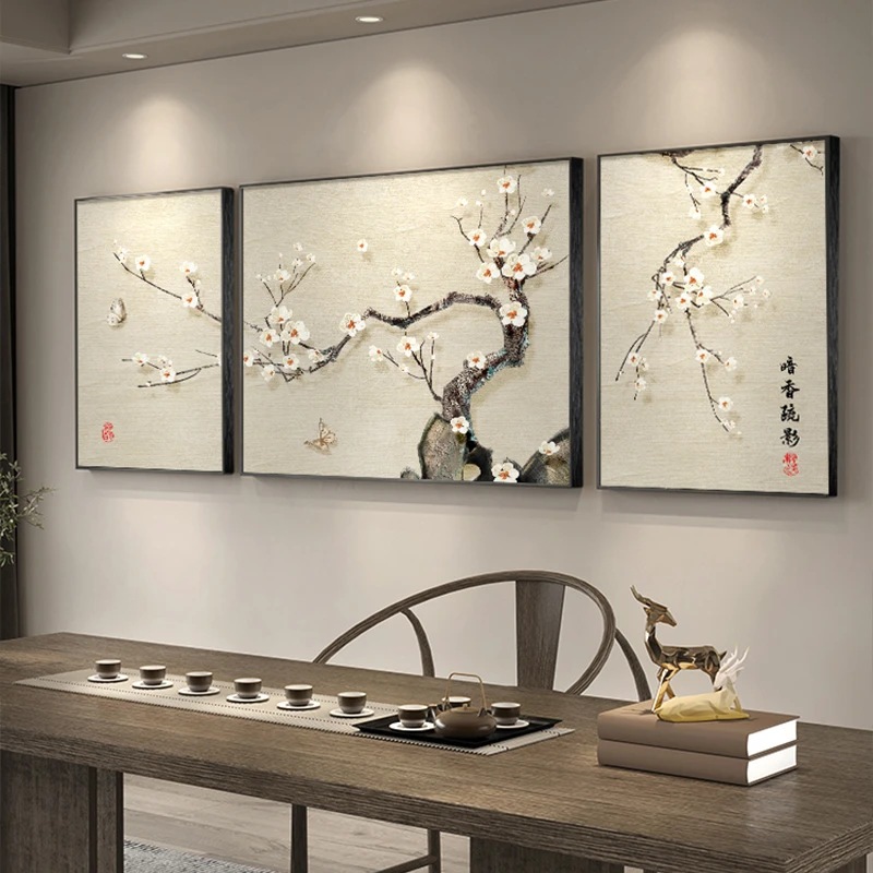 新中式沙发壁画客厅挂画茶室背景墙装饰画2024新款梅花禅意三联画