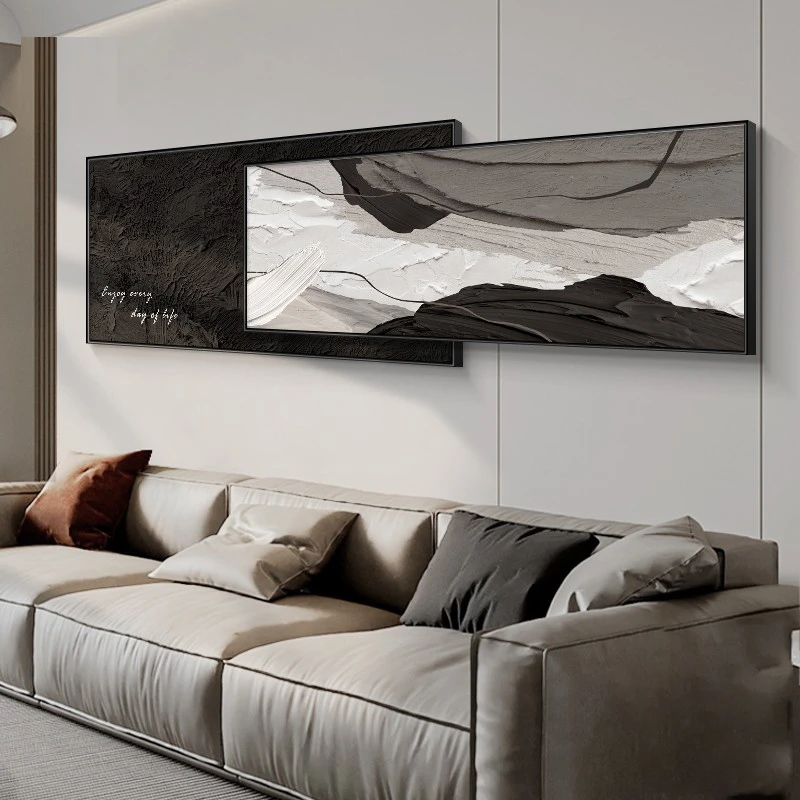 黑白抽象色块客厅装饰画简约高档肌理感沙发背景墙可推拉叠加挂画