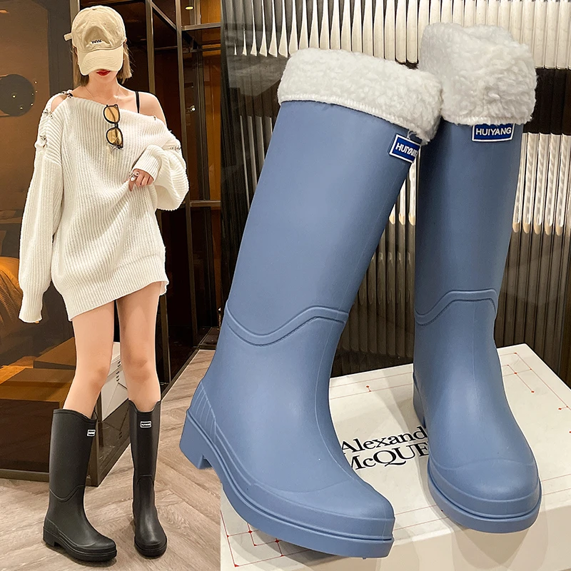 时尚高筒雨鞋女士外穿加绒保暖雨靴洋气厚底工作鞋四季防水鞋胶鞋