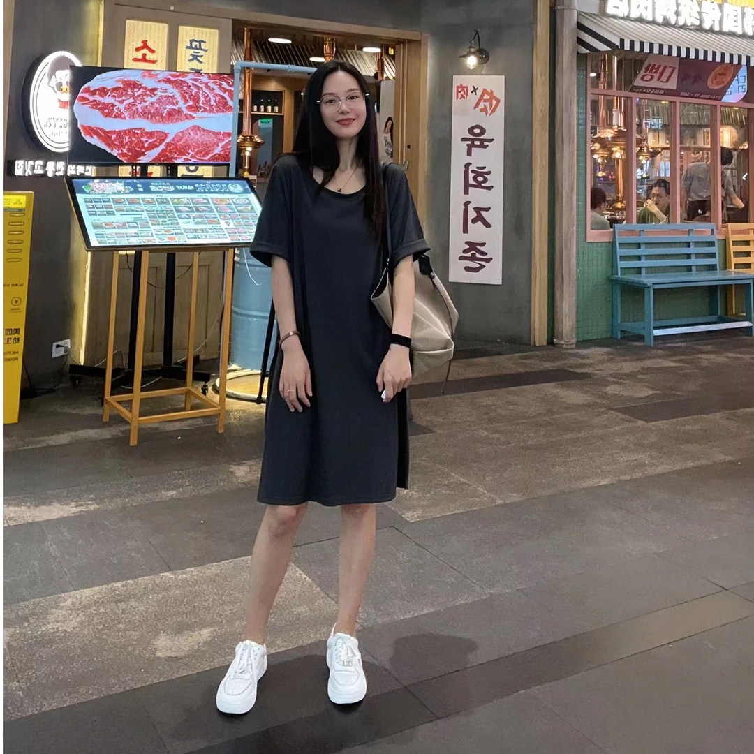 夏季通勤超显瘦气质时尚圆领宽松连衣裙中裙小众混纺黑色230601