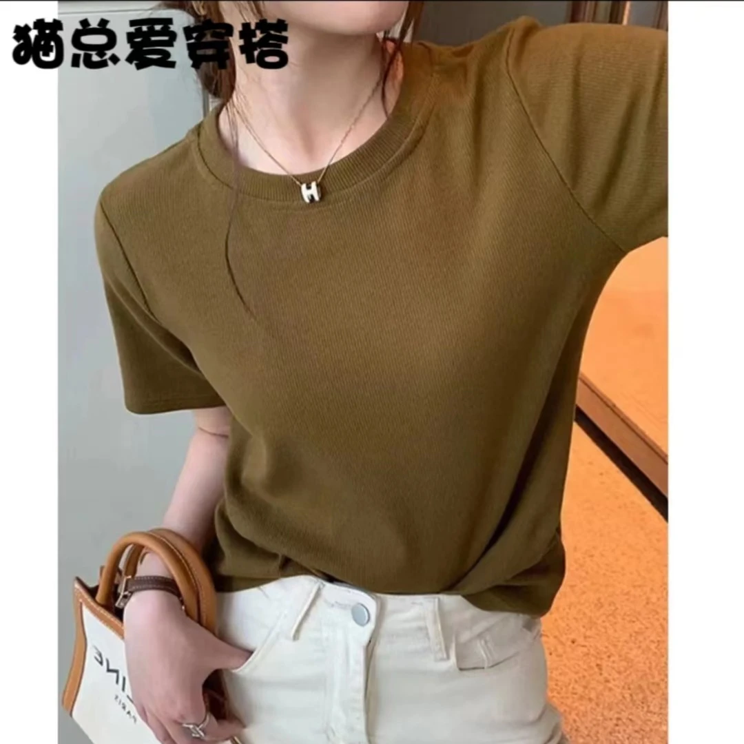 春夏新款T恤百搭短袖圆领韩版休闲纯色显瘦上衣螺纹打底衫ins