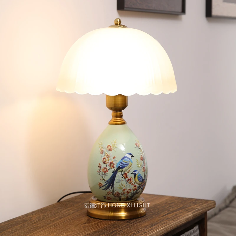 陶瓷台灯花鸟床头灯新中式复古卧室灯客厅家用装饰北欧台灯