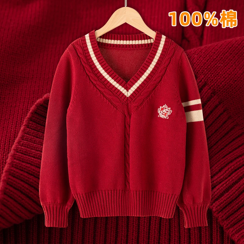 纯棉针织衫女童毛衣秋冬款儿童v领学院风中大童洋气红色冬装上衣