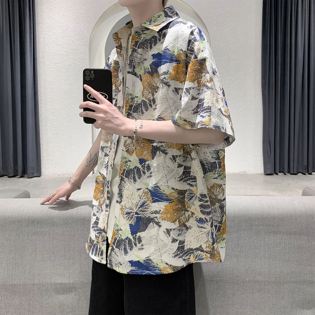 设计感宽松印花衬衫男士夏季半袖港风痞帅休闲百搭ins帅气花衬衣