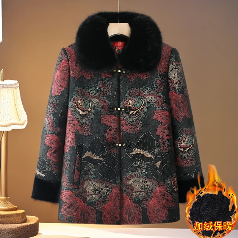 中老年妈妈冬装棉袄加绒洋气老太太棉衣加厚保暖70岁奶奶毛领外套