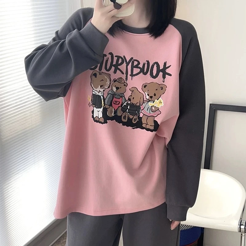 （德绒）秋冬季小熊插肩袖圆领套头长袖长裤家居服睡衣女套装时尚