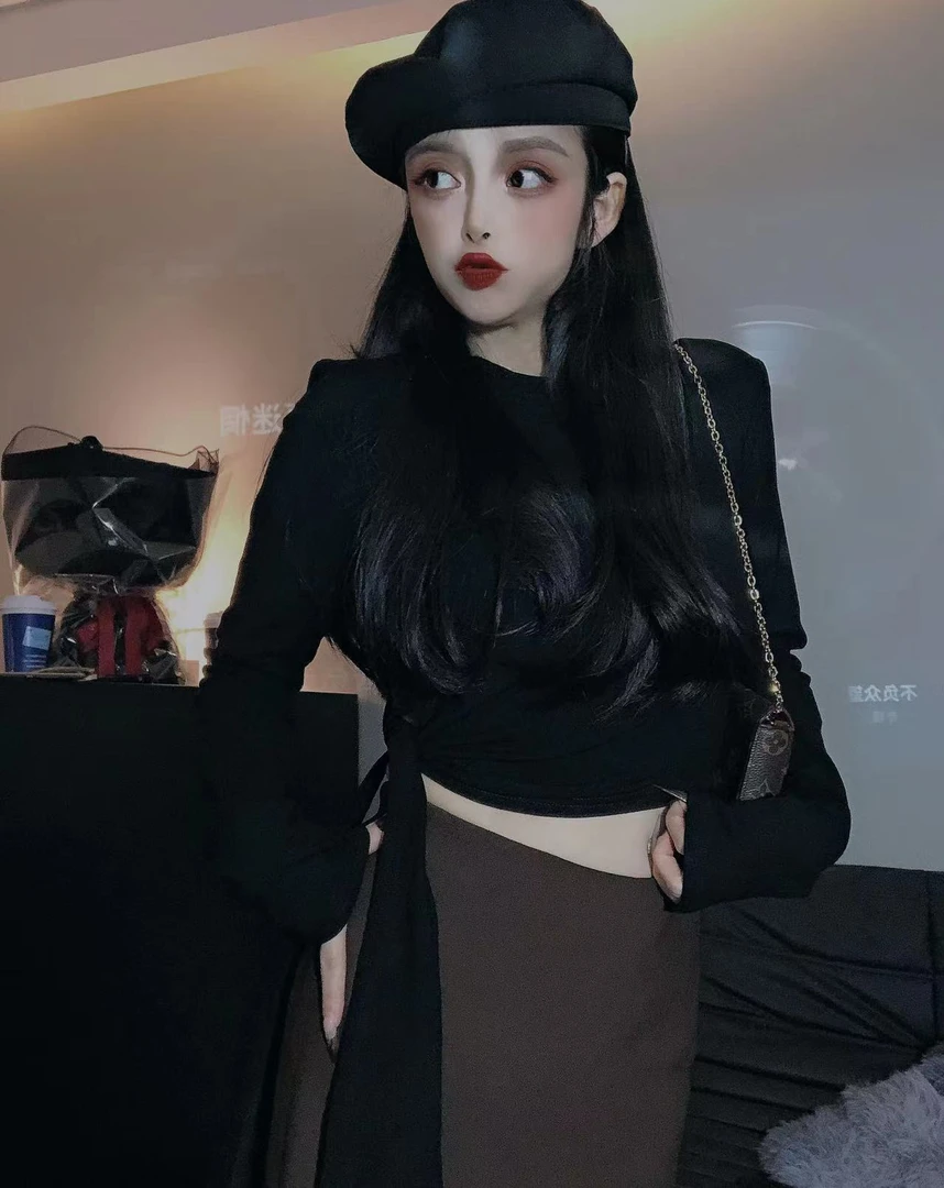 婷姐定制辣妹加厚薄绒侧面绑带显瘦打底上衣