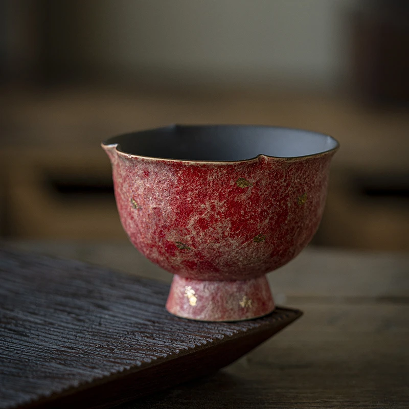 洒金原矿彩陶花口杯茶杯主人杯复古陶瓷茶具粗陶杯子