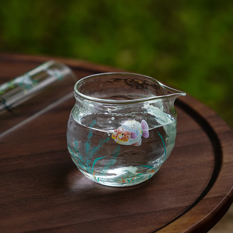 胖头鱼手绘玻璃公道杯吐泡若谷茶海耐热高硼硅加厚分茶器