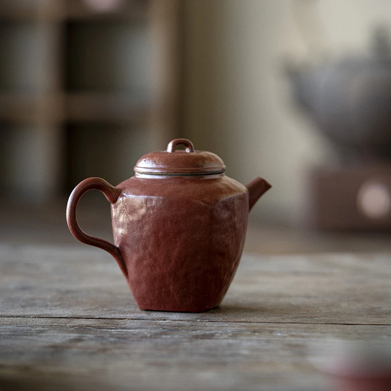 枣红素心石头纹四方茶壶陶泥粉引泡茶单壶红色功夫茶具