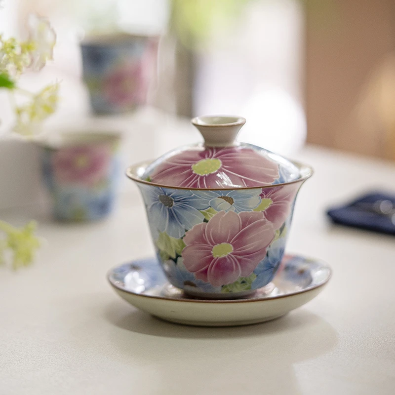 草木灰郁金香三才盖碗陶瓷茶盖碗女士茶碗功夫茶具泡茶碗高温瓷土