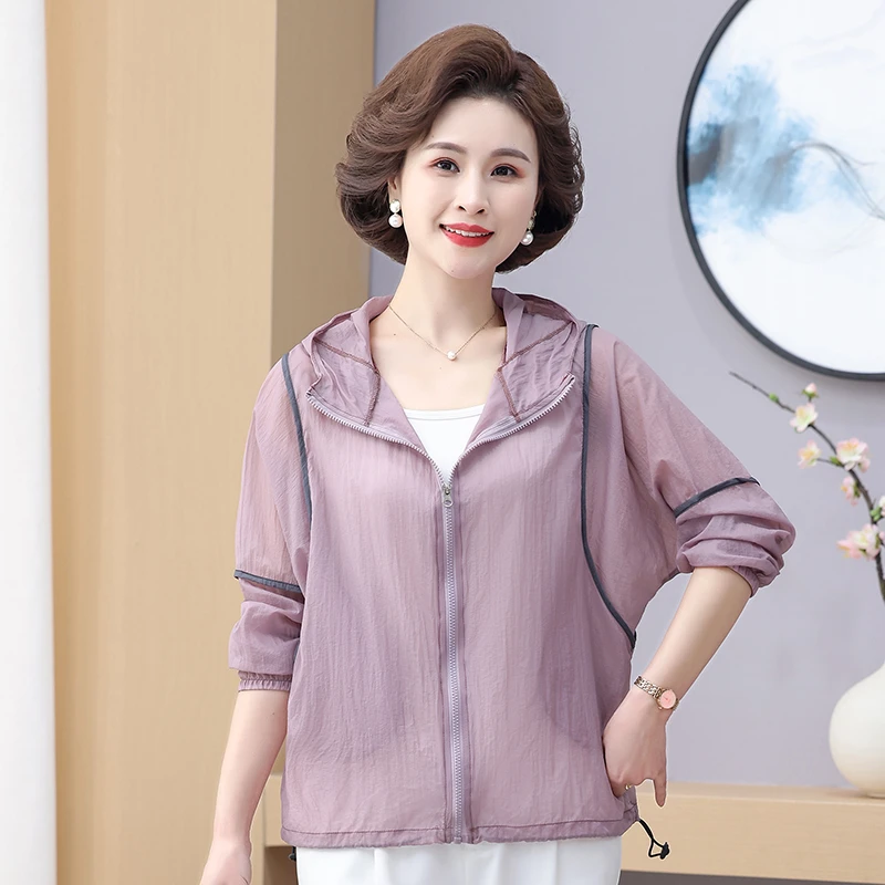 大码长袖洋气中老年中年薄款连帽宽松外套防晒衣夏季防晒服皮肤衣