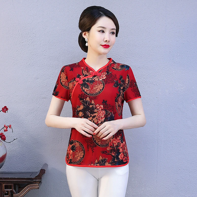 夏季中国风短袖旗袍女时尚复古民族风上衣中年女装中式旗袍小衫女