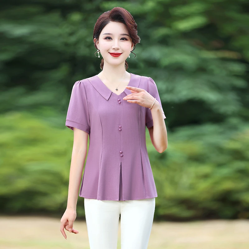 夏季新款短袖t恤女洋气时尚妈妈装雪纺衫气质减龄纯色显瘦上衣女