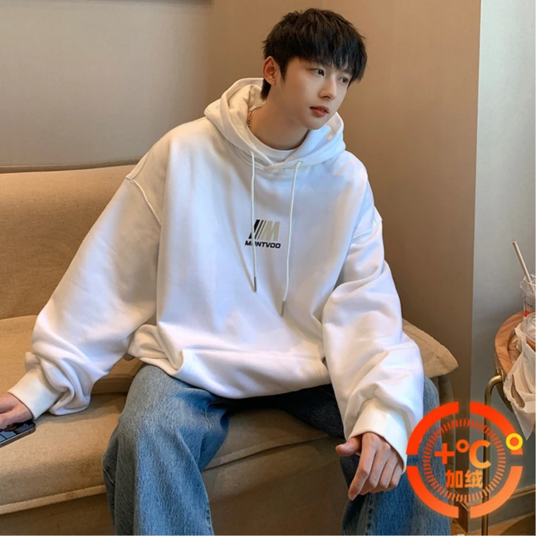 MTVO迈特优加绒可选连帽卫衣男秋冬重磅宽松百搭套头学生帽衫5563