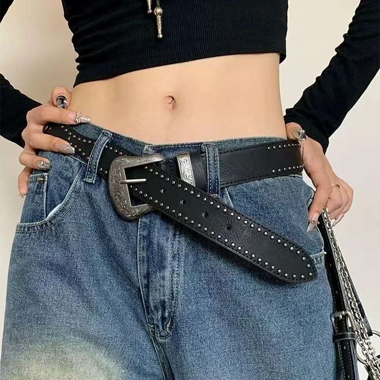 时尚潮流个性复古休闲百搭女士ins风黑色波浪真皮腰带腰带女款