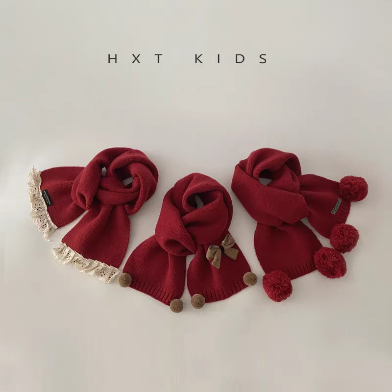 儿童新年红色围巾洋气毛球蝴蝶结花边保暖针织围脖潮童宝宝穿搭冬