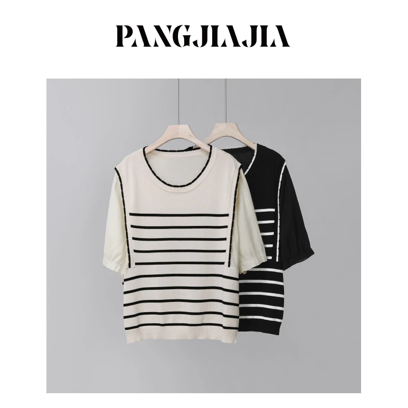 【胖佳佳】诗歌篇 短袖针织衫夏季时尚撞色条纹圆领上衣H624Z04168