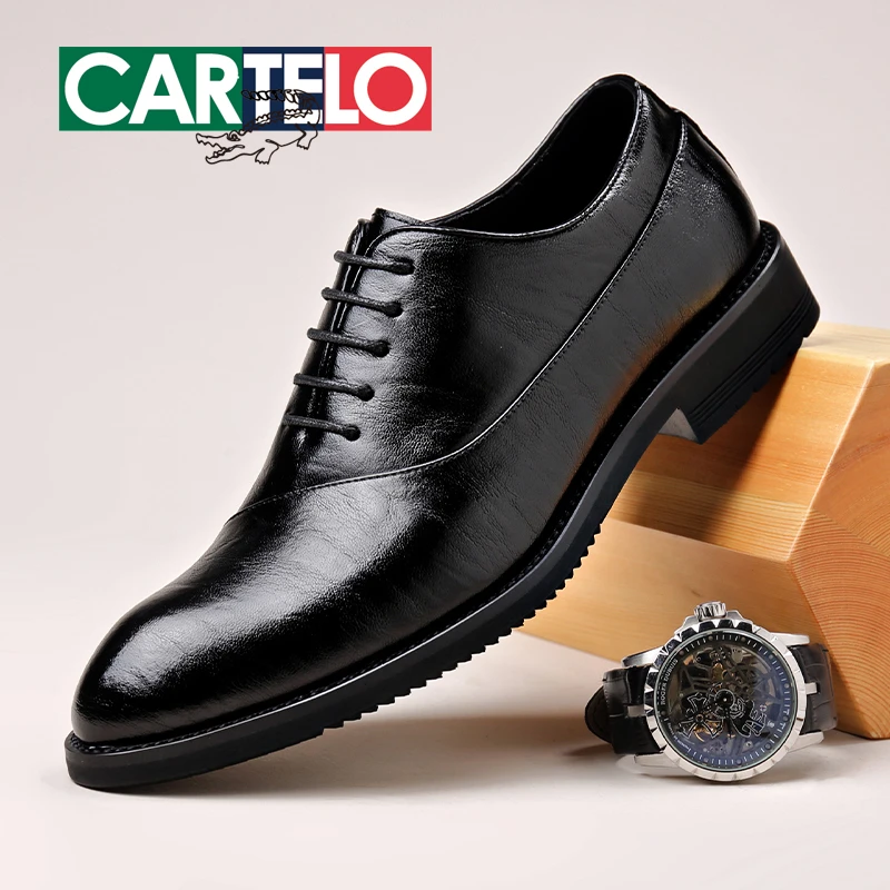 CARTELO/卡帝乐鳄鱼商务皮鞋休闲男皮鞋男士百搭透气黑色潮鞋