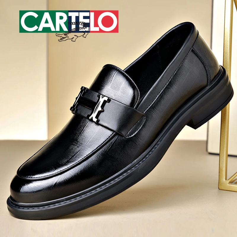 CARTELO/卡帝乐鳄鱼春季格纹压花男士一脚蹬商务皮鞋休闲男鞋