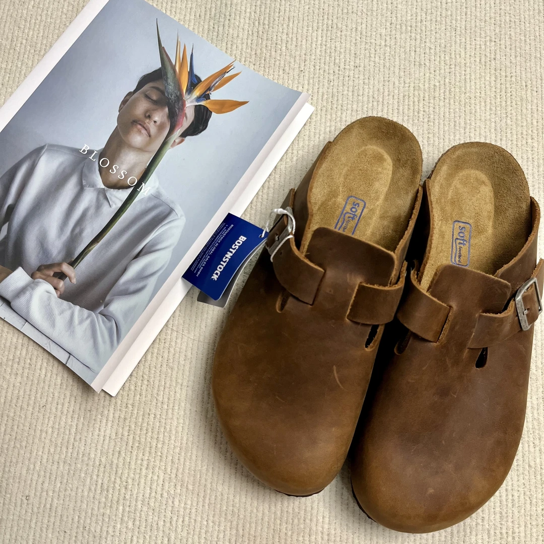 原单材料：意大利头层牛皮实心软木底boston半包包头拖