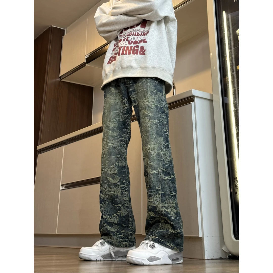 美式复古提花牛仔裤男款春秋季设计感cleanfit裤子直筒微喇裤