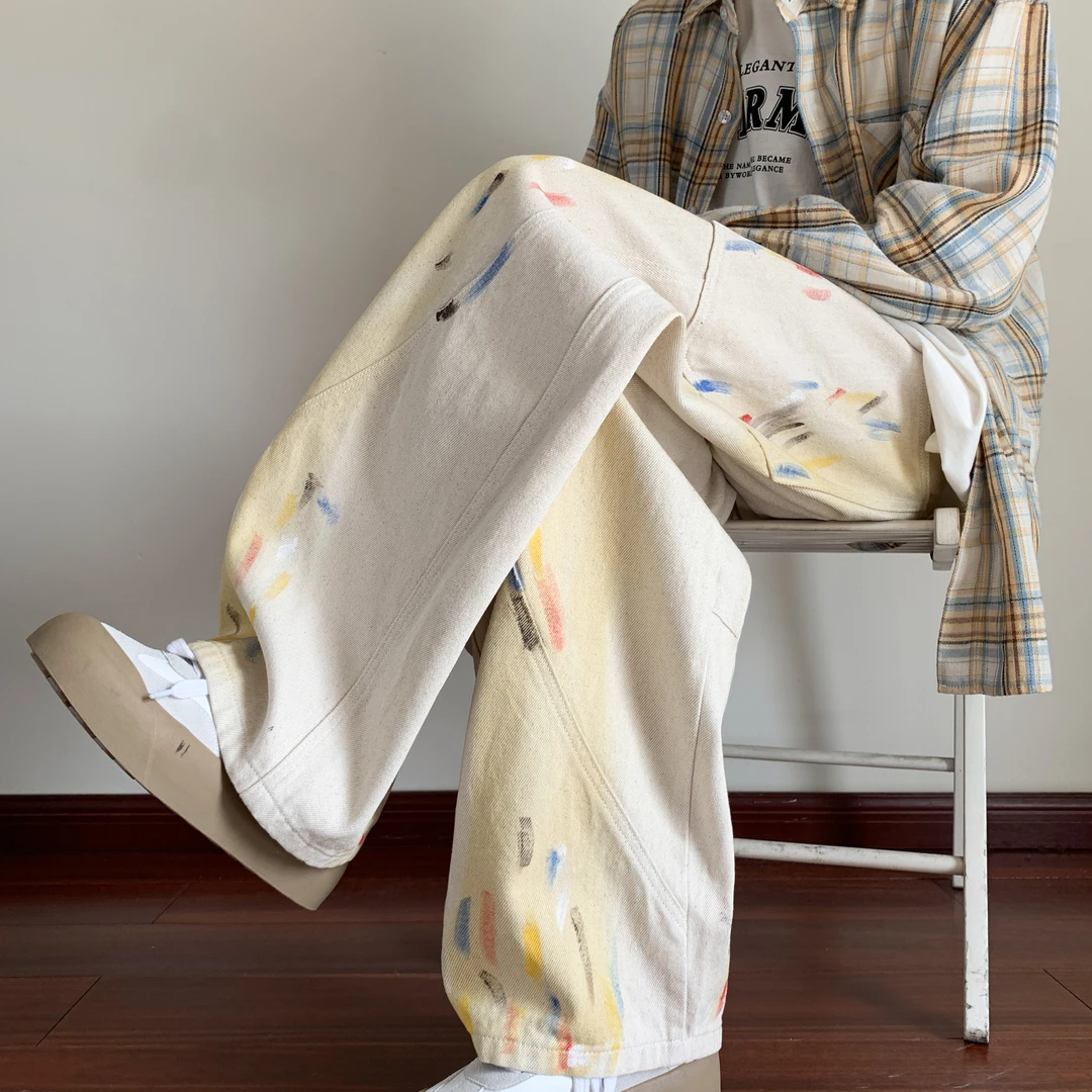 涂鸦彩绘白色弯刀牛仔裤男秋季美式高街潮牌宽松阔腿工装休闲裤子