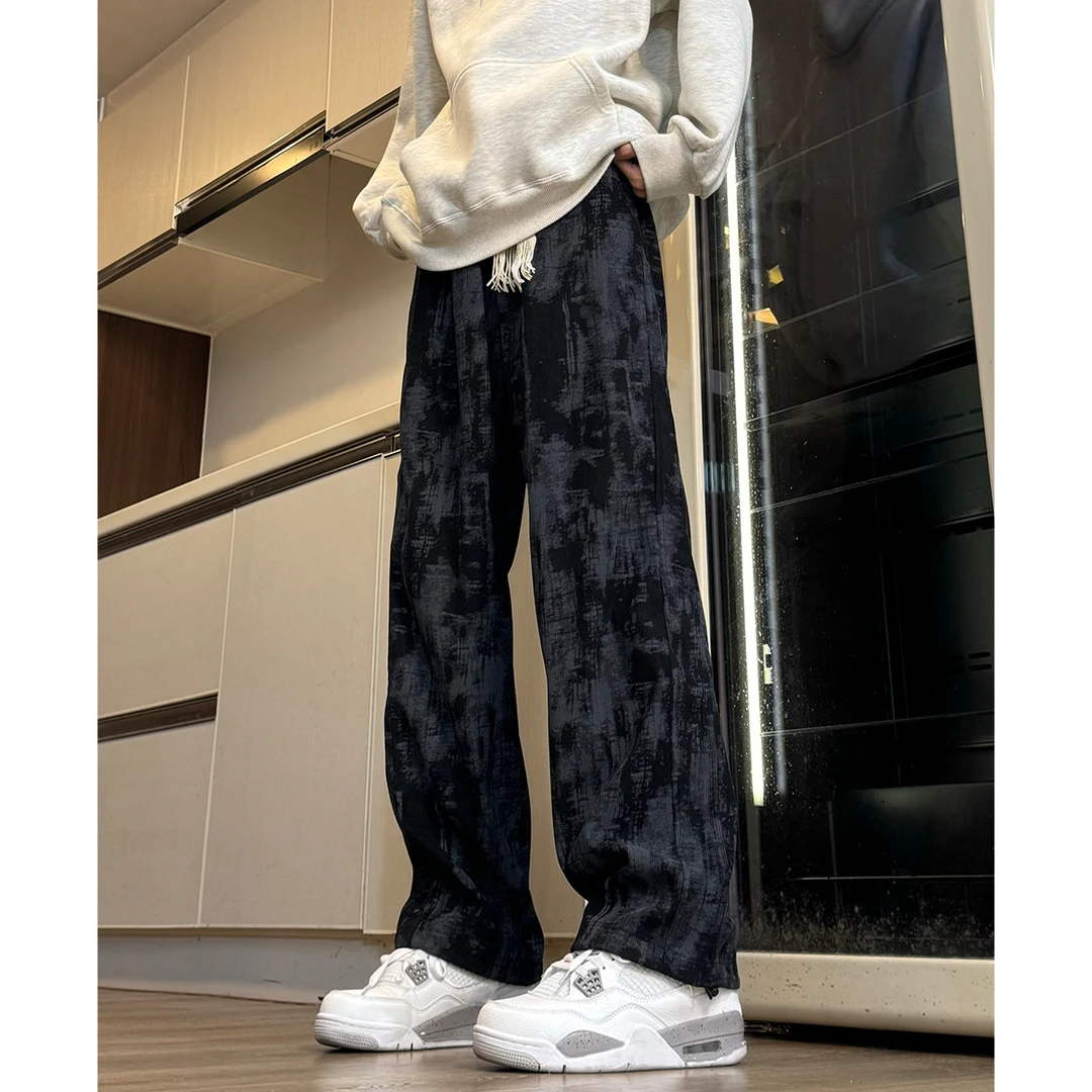 美式高街扎染裤子男秋冬季直筒宽松抽绳运动加绒裤子休闲长裤