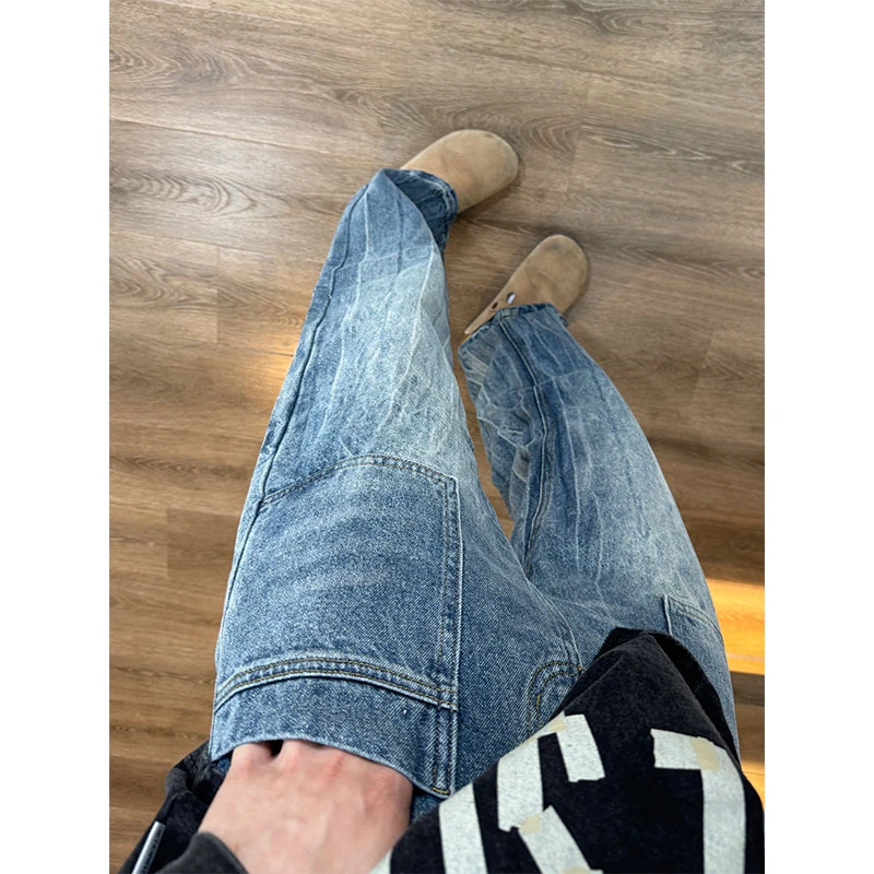 闪电纹微喇牛仔裤男美式高街vibe裤子宽松复古潮牌痞帅直筒裤