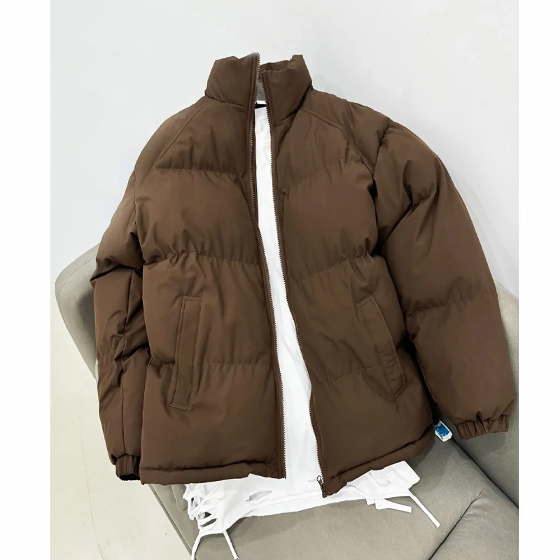 美式cleanfit咖色棉衣复古立领九江棉服男冬季加绒加厚情侣面包服