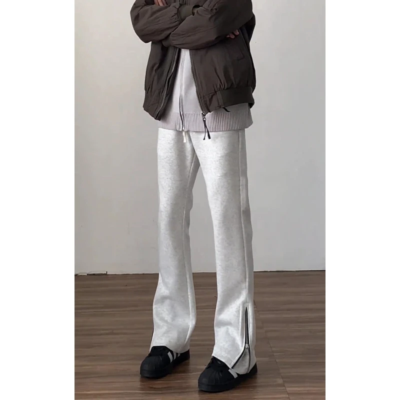 白花灰重磅卫裤男款春秋侧拉链垂感显瘦微喇裤子美式高街直筒长裤