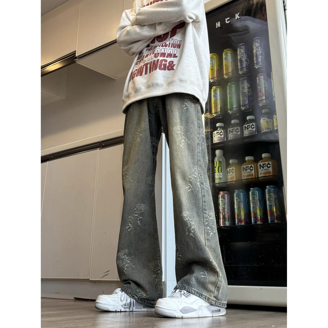 美式复古满印提花牛仔裤男款cleanfit修身弯刀裤子显瘦直筒微喇裤