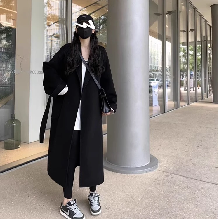 高级感双面呢子大衣女中长款2024秋冬韩版网红赫本风黑色毛呢外套