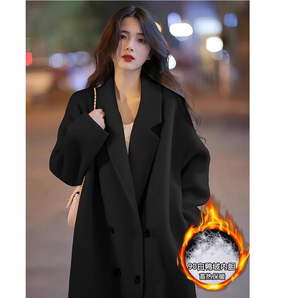 黑色中长款羽绒内胆大衣女2024冬季小个子高级感加厚保暖毛呢外套