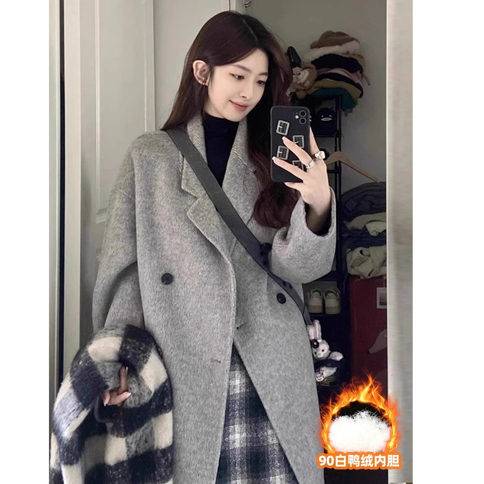 灰色羽绒内胆双面呢子大衣女高级感2024冬季新款小个子毛呢外套