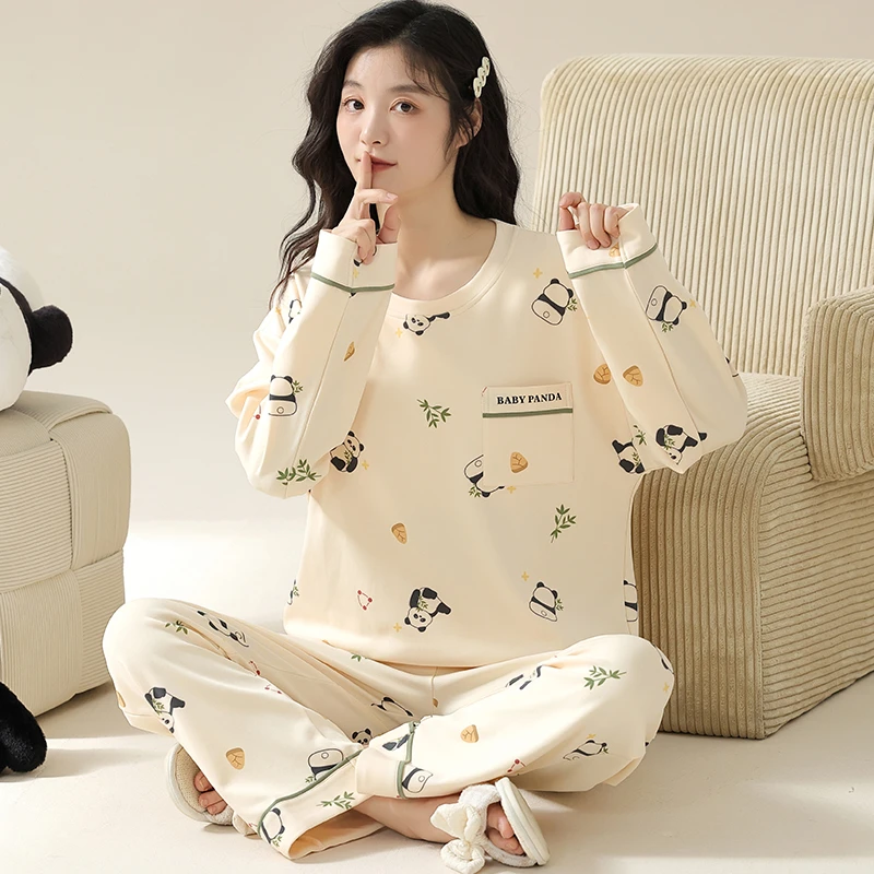 2023春秋季新款长袖睡衣可爱卡通简约可外出家居服套装女款带胸垫