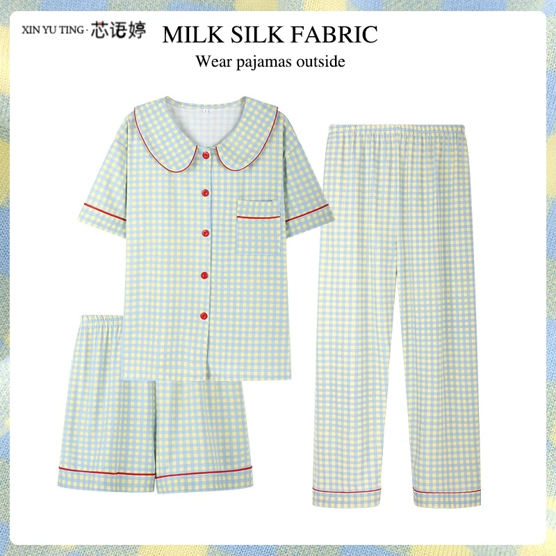 爆款睡衣三件套女士夏季高端格子加肥大码款式家居服可外穿