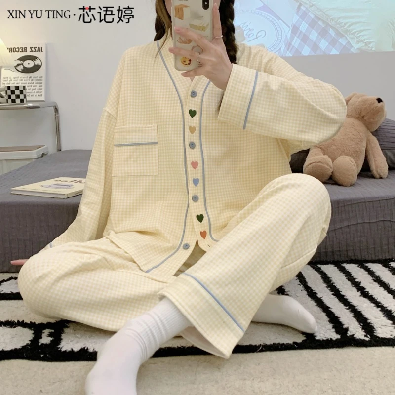 新款ins风格子睡衣长袖套装春秋季可外穿家居服春季网红爆款