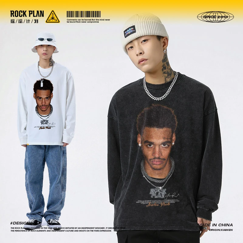 【球星普尔大头像】美式复古篮球衣重磅长袖T恤做旧高街秋季国潮