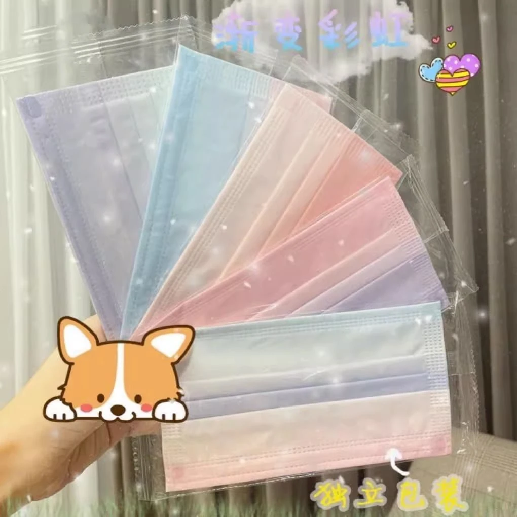 ins风口罩网红款一次性女高颜值彩虹渐变色印花成人三层可爱超薄